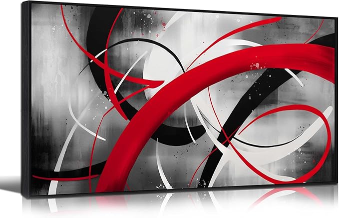 Abstract Wall Art for Living Room, Black White and Red Line Canvas Wall-Decor for Bedroom, Large Size 29x59 Inches Framed