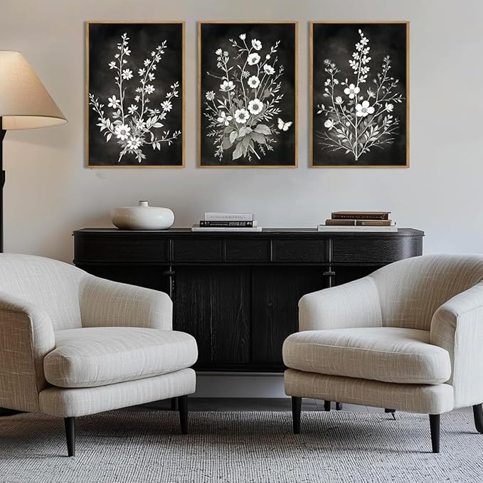 BINCUE Framed Black and White Floral Wall Art Set of 3 Botanical Wall Decor Flower Painting for Living Room Bedroom Office 16x24 Inches