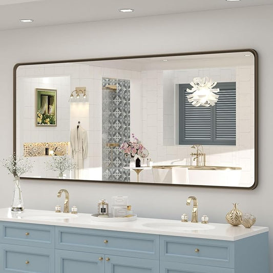OKPAL 60X28 Bronze Bathroom Mirror, Brushed Bronze Metal Bathroom Vanity Mirror, Rectangle Framed Mirror, Rounded Corner, Shatterproof, Anti-Rust (Horizontal/Vertical)