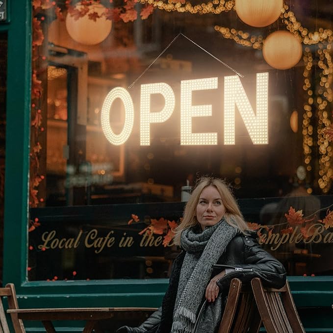 LED Open Sign for Business,48"x17" Dimmable Brightness Large Electric Light Up Sign, Hanging Installation for Store Restaurant Office Bar Hotel Salon (warm white)