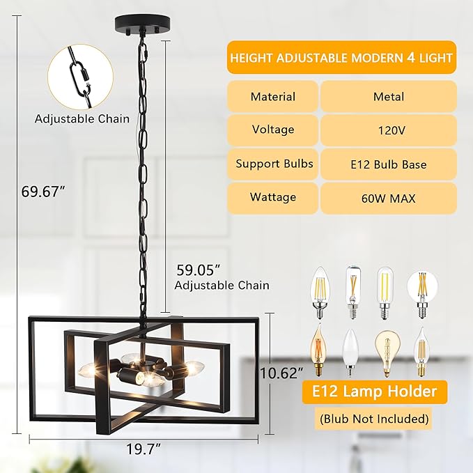 19.7'' Modern Chandelier 4-Light, Black Farmhouse Light Fixture Cross Chandeliers for Dining Room Living Kitchen Island Bedroom Living,Rectangular Metal Industrial Hanging Ceiling Lighting