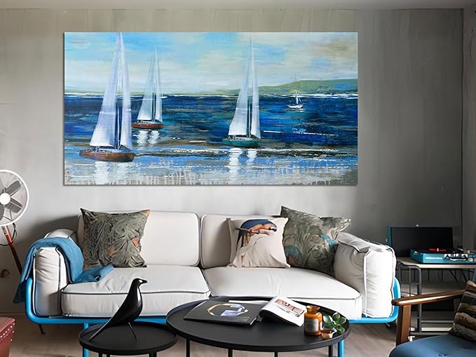 Ardemy Blue Abstract Canvas Wall Art for Living Room Sailboat Extra Large Wall Decor Painting Picture Bedroom Textured Nautical Navy Blue Seascape Artwork Art for Home Office,58"x29"