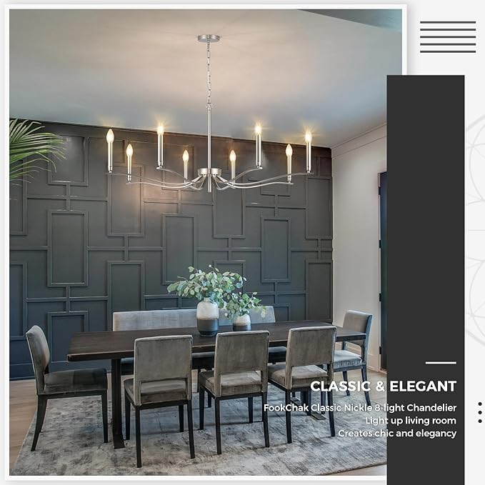 Nickel Chandeliers for Dining Room, 8-Light Chandelier Light Fixture Over Table Modern Candle Chandelier 44in Master Bedroom Chandeliers Lighting for Entry Foyer Bathtub Living Room