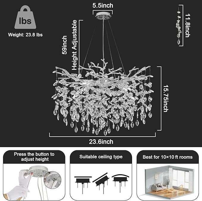 Modern Crystal Chandeliers for Dining Room, 24" Silver Tree Branch Chandelier 8 Lights Kitchen Island Lighting Round Hanging Pendant Light Fixtures Embossed Chandelier for Living Room Foyer