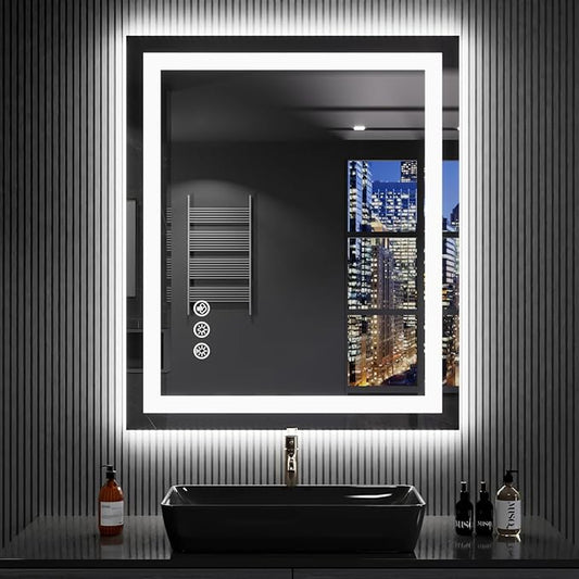 LOAAO 24"X32" LED Bathroom Mirror with Lights, Anti-Fog, Dimmable, RGB Backlit + Front Lighted, Bathroom Vanity Mirror for Wall, Memory Function, Shatter-Proof, Tempered Glass