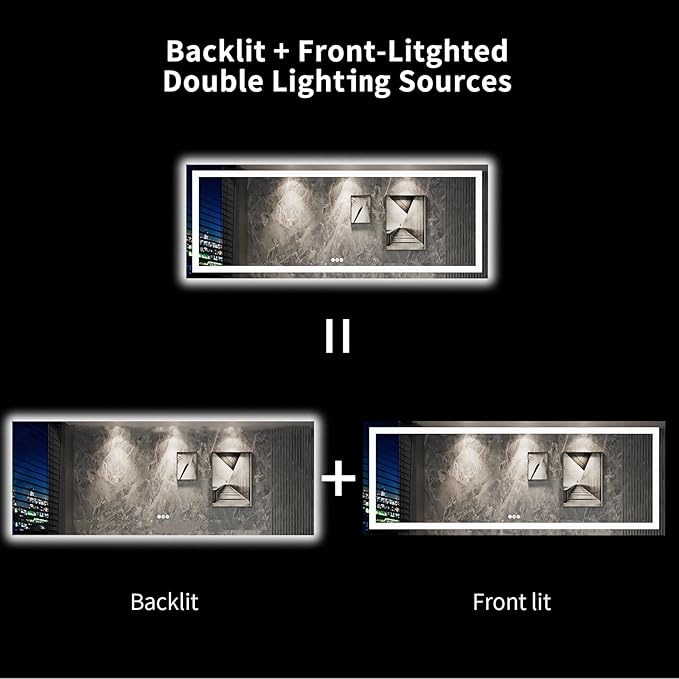 LOAAO 96X36 LED Bathroom Mirror with Lights, Anti-Fog, Dimmable, Backlit + Front Lit, Lighted Bathroom Vanity Mirror for Wall, Memory Function, Tempered Glass, Shatter-Proof, ETL Listed