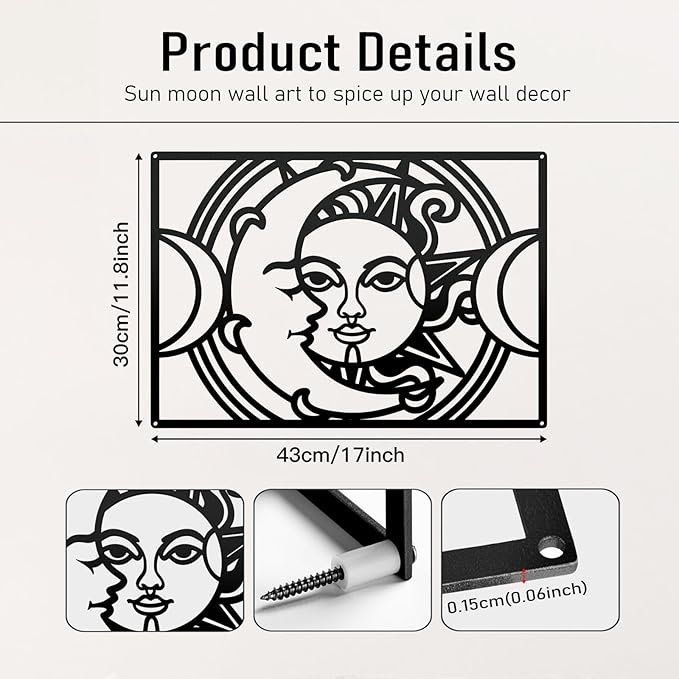 Bakovity Black Metal Wall Decor, Black Abstract Wall Art, Moon Line Art Décor, 3D Sculptures, Large Bohemian Aesthetic Black and White Wall Art for Bedroom Bathroom Living Room (3 Pcs, 17 x 12 in)