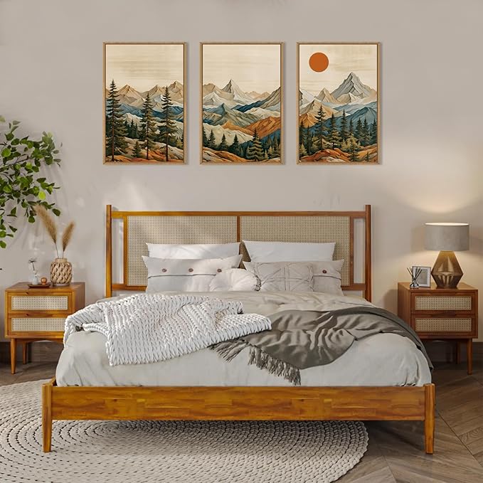 Ausril Boho Woodcut Mountain Framed Canvas Wall Art Set, Woodcut Pine Tree Wall Decor, Brown Wooden Forest Wall Painting, Vintage Mountain Sunrise Art Print for Living Room, Bedroom, Office 24"X36"X3