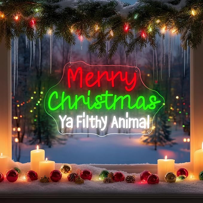 Merry Christmas Ya Filthy Animal Neon Sign Room Decor for Christmas Decoration Xmas USB LED Neon Light Signs 15.8x9.8"