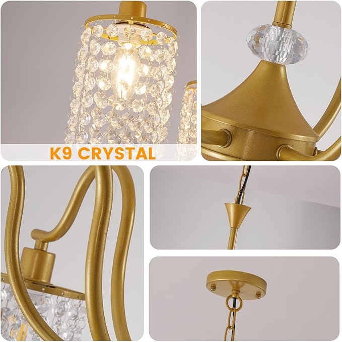 30" Gold Chandelier, 6-Light Dining Room Light Fixture, Modern Kitchen Island Light Fixtures, Farmhouse Foyer Lighting Fixtures, Hanging Crystal Chandeliers for Living Room, Bedroom, Foyer, Entryway