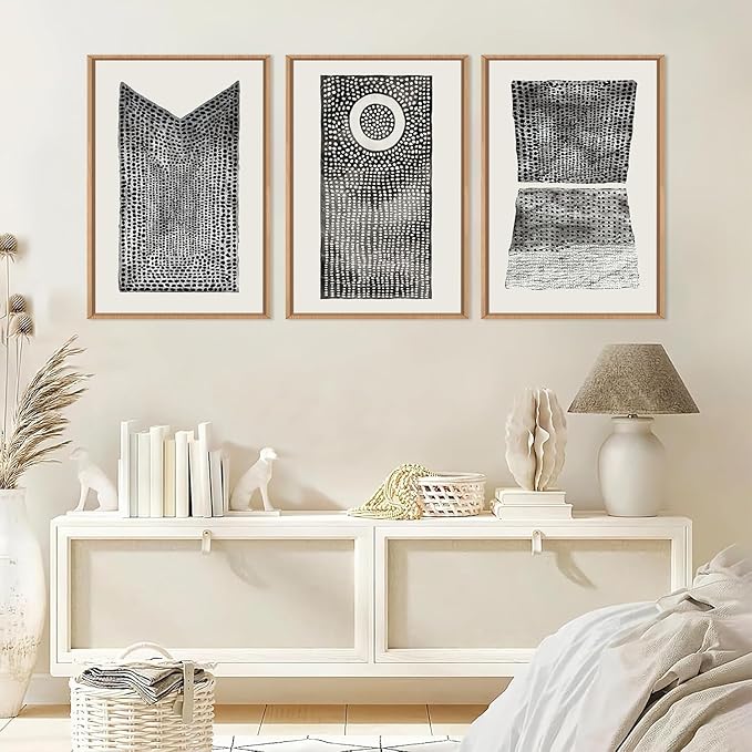 Abstract Dot Pattern Framed Canvas Wall Art Set,Minimalist Black and White Wall Decor,Neutral Geometric Print,Modern Circle Boho Mid Century Artwork for Living Room,Bedroom-24 x36 x3