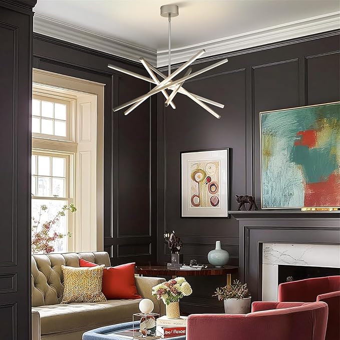 Modern Chandelier Light Fixtures - LED 6-Lights Silver Dining Room Linear Chandeliers Sputnik Pendant Lights Fixture Over Table 3000K 4500K 6000K Dimmable for Living Room Kitchen Island