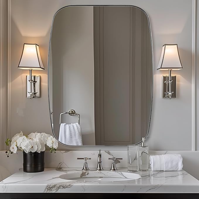 ANDY STAR 30x40 Chrome Bathroom Mirror, Oblong Silver Mirror with Stainless Steel Metal Frame, Oval Vanity Mirror for Over Sink, Modern Anti Rust Wall Mounted