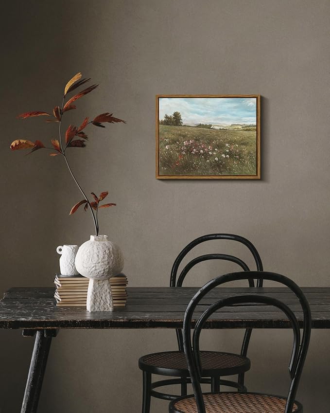 KISSFOX Vintage Landscape Canvas Wall Art Farmhouse Colorful Wildflower Meadow Framed Wall Art Summer Natural Serene Countryside Paintings Artwork Rustic Art Prints For Bedroom Bathroom Living Room