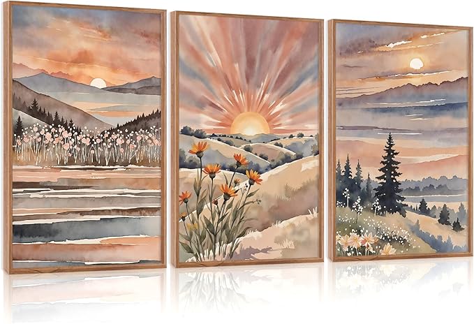 CHDITB Boho Sun Canvas Wall Art Set, Sunrise and Sunset Mountain Wall Decor, Watercolor Mountains Landscape Art Prints, Vintage Floral Nature Paintings for Living Room, Bedroom, Office - 16"x24"x3