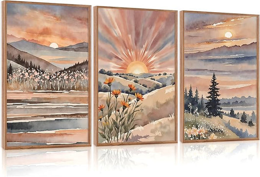 CHDITB Boho Sun Canvas Wall Art Set, Sunrise and Sunset Mountain Wall Decor, Watercolor Mountains Landscape Art Prints, Vintage Floral Nature Paintings for Living Room, Bedroom, Office - 16"x24"x3