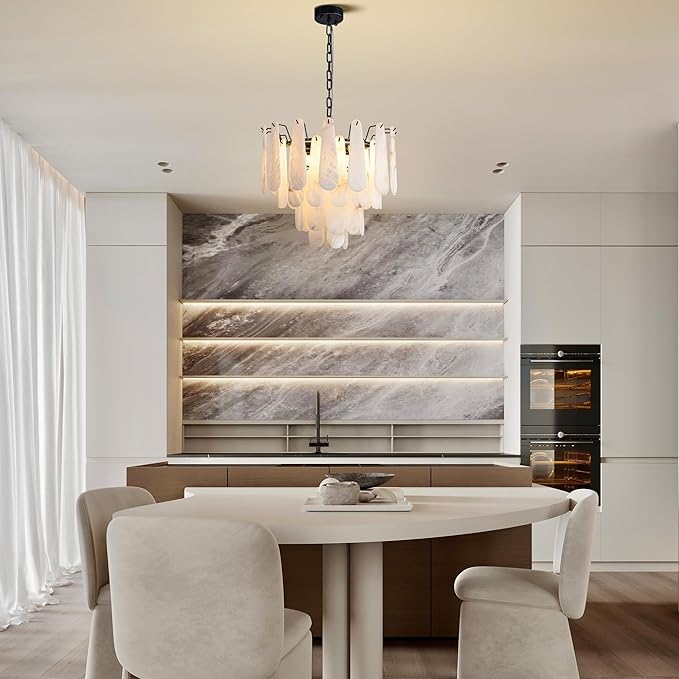 Alabaster Chandelier, D23.6in Modern Alabaster Round Dining Room Chandelier, 4-Tiers Luxury Natural Stone Ceiling Light Fixture, White Marble Chandeliers for Living Room Bedroom Foyer Entryway Kitchen