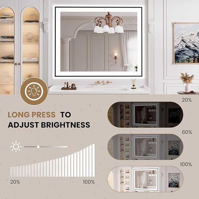 LOAAO 40"X32" LED Bathroom Mirror Black Framed, Anti-Fog, Dimmable, Lighted Bathroom Vanity Mirror for Wall, Memory Function, Tempered Glass