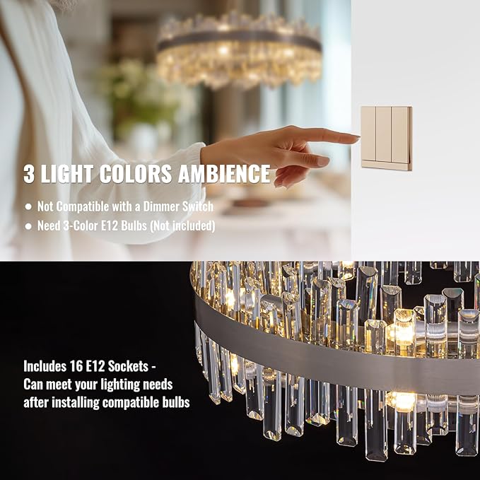 Modern Dining Room Crystal Chandelier, 16-Light Chrome Silver Round Chandelier, 31.5-inch K9 Crystal Raindrop Ceiling Light, Luxury Flush Mount Light Fixture for Kitchen Living Room Entryway