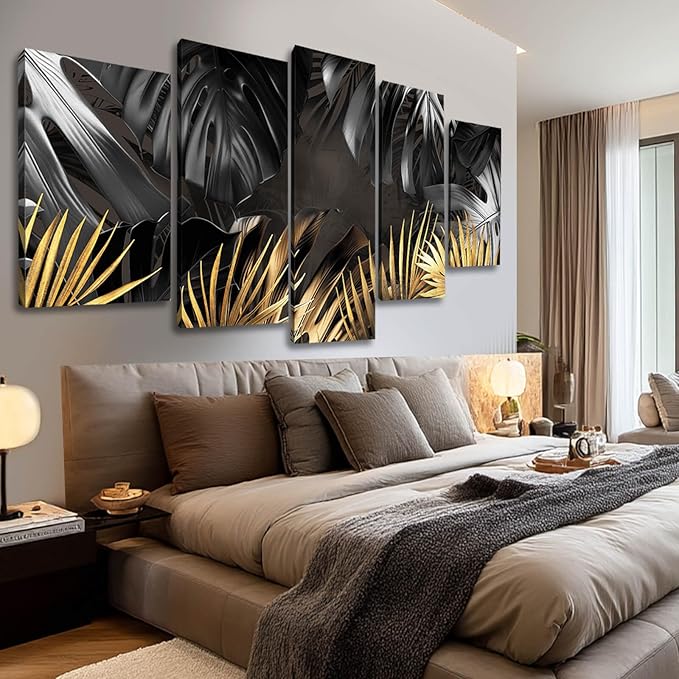 Black and Gold Leaves Painting Wall Decor for Living Room Nature Canvas Art Modern Artwork Framed Prints for Home Bedroom Picture Poster 5 Pieces Ready to Hang (12"x20"x2pcs+12"x28"x2pcs+12"x32")