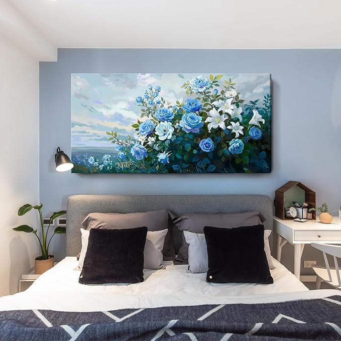 Nicetop Extra Large Floral Canvas Art for Living Room – Elegant Botanical Wall Picture with White Lilies, Blue Roses & Green Leaves – Horizontal Nature Artwork for Bedroom, Office, Kitchen, 58x29 Inch