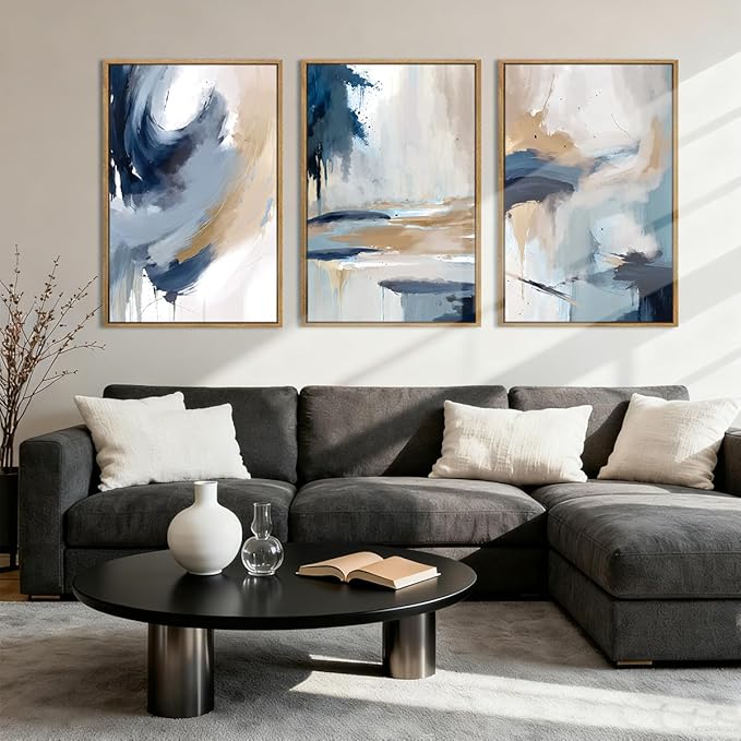 Large Blue Abstract Wall Art Framed Modern Artwork Neutral Wall Decor for Living Room Bedroom Office 16x24 Inch Set of 3