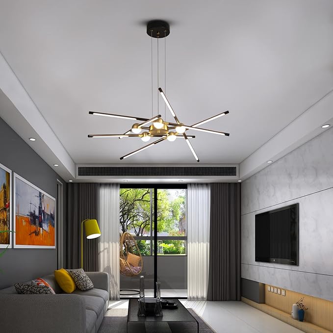Modern Black chandelier,Sputnik Chandelier 10-Lights Dimmable Pluggable Hanging Ceiling Light Embedded Installation Fixture, Gold LED Pendant Light for Kitchen Island,Living Room Decoration