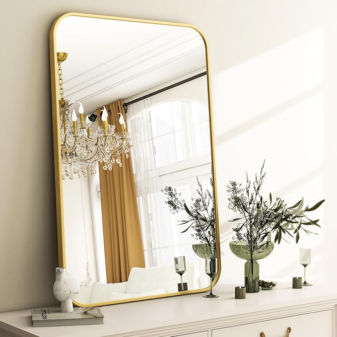 20 x 28 Inch Bathroom Mirror, Rounded Rectangular Vanity Mirror for Wall, Modern Mirror for Room Decor, Gold Framed Wall-Mounted Mirrors for Home Decor, Hangs Horizontally or Vertically