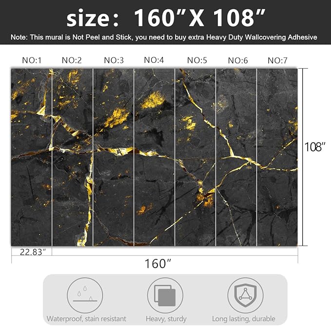 -Black and Gold Marbled Fabric Wallpaper Dark Abstraction Art Living Room Bedroom Bathroom Wall Mural- 160"x108"（ not Peel and Stick）