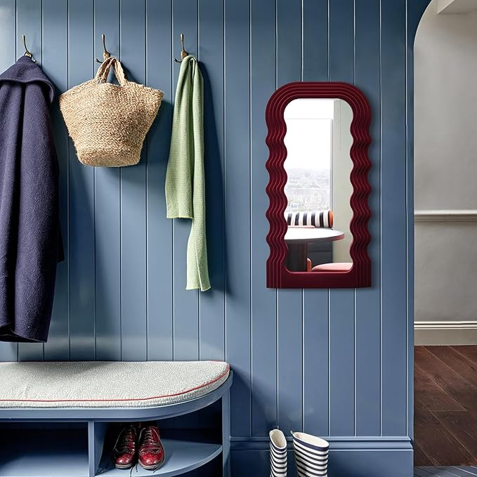 Mirror Wall Decor for Vintage Living Room Bedroom, 14x28 Asymmetrical Decorative Mirror for Entryway Porch Staircase, Retro Modern Hanging Wall Art Gift for Grandma Mom Sister (Wine Red)