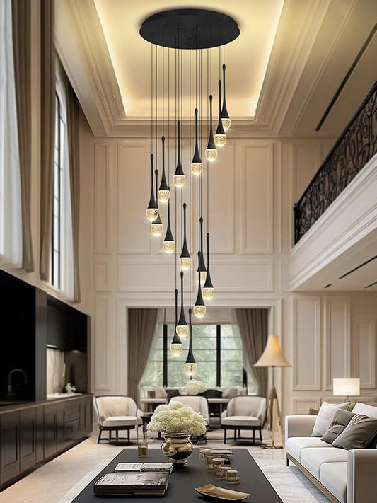 120'' Bubble Crystal Raindrop Chandeliers 16-Lights Black Long Staircase Chandelier Foyer High Ceiling Chandeliers Loft Slante LED Dimmable Ceiling Fixtures