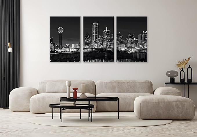 NAN Wind 3 Pcs Wall Art Dallas Skyline Black & White Canvas Art Paintings For Room Decor Dallas Cityscape Skyscrapers Night Scene Picture Prints On Canvas For Home Decor Modern Giclee Framed