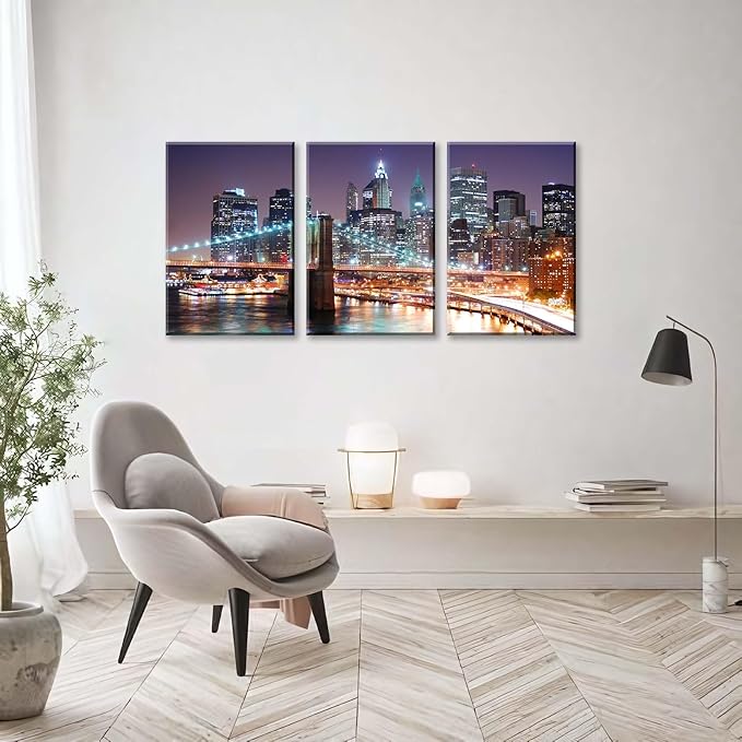 NAN Wind 3Pcs New York City Skyline Canvas Wall Art Brooklyn Bridge Night View Framed Wall Decor Blue Purple Manhattan Urban Cityscape Picture Canvas Artwork Modern Home Decor Living Room Office