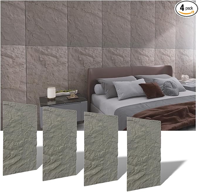 Modern 3D Wall Panels - Faux Stone Look, Waterproof PU Wainscoting for Interior Wall Decor - 4 Pack, 43.31 x 23.62 inches, Grey Color