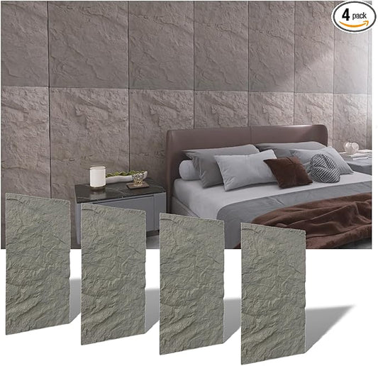 Modern 3D Wall Panels - Faux Stone Look, Waterproof PU Wainscoting for Interior Wall Decor - 4 Pack, 43.31 x 23.62 inches, Grey Color