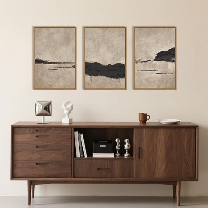 Large Abstract Black and Tan Framed Canvas Wall Art,Vintage Minimalist Wall Decor,Neutral Brush Stroke Artwork,Modern Textured Art Print for Living Room,Bedroom,Office- 16"x24"x3