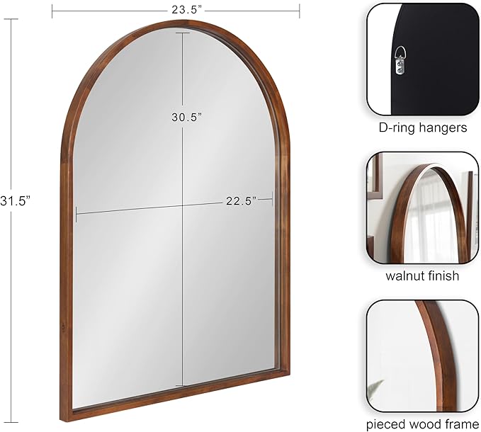 Kate and Laurel Valenti Mid-Century Modern Arched Wall Mirror; 24 x 32; Walnut Brown; Sophisticated Modern Arch Mirror for Use as Bathroom Mirror for Vanity or Fireplace Mantel Mirror