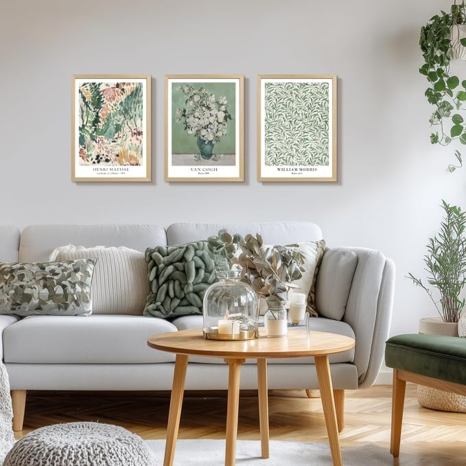 LLEEMPI Matisse William Morris Wall Art Set of 3, Sage Green Botanical Wall Decor, Abstract Van Gogh Flowers Canvas Prints, Vintage Florals Poster Print for Bedroom Bathroom Wood Framed 16x24 Inch