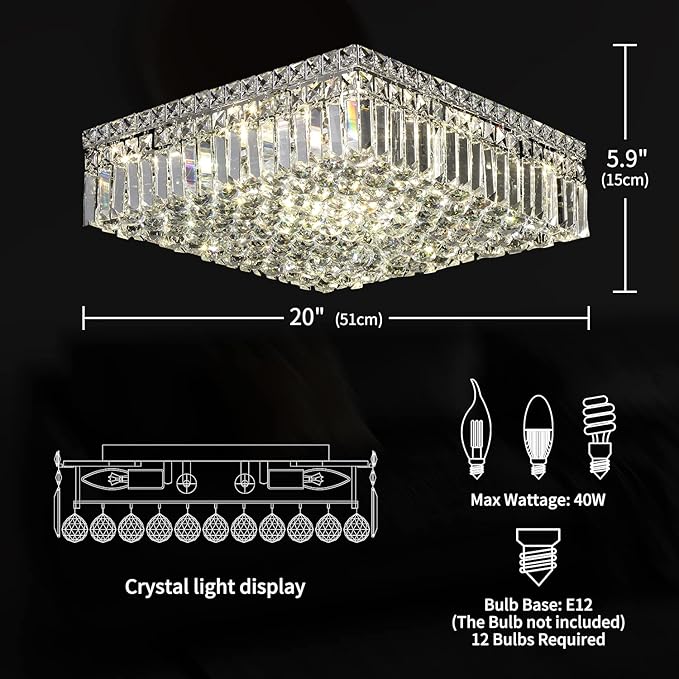 12-Lights Modern Flush Mount Ceiling Light Fixtures,Elegant Crystal Chandelier Pendant Ceiling Lamp for Bedroom,Living Room,Dining Room,Hallway H5.9 x W20 x L20 (Bulbs Not Included) Square