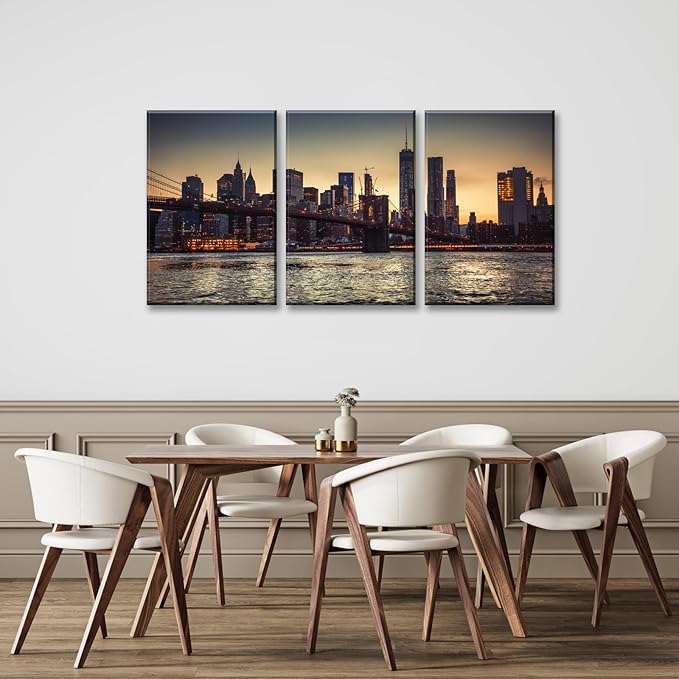 NAN Wind 3PCS New York City Skyline Canvas Wall Art Brooklyn Bridge at Sunset Golden Hour Manhattan Cityscape Pictures Canvas Artwork East River Reflection Modern Urban Home Decor Living Room Office