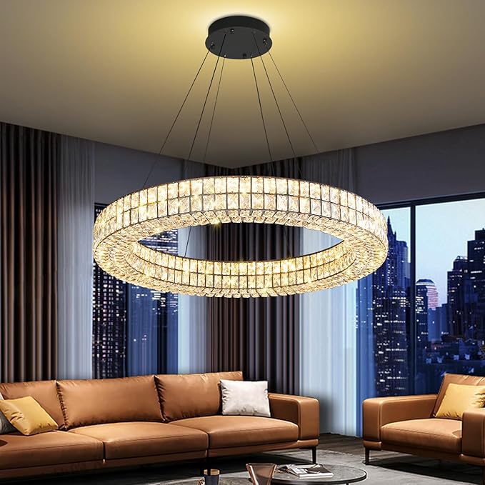 Modern 32 inch Black Led Ring Chandelier Dimmable Crystal Chandelier for Living Room Dining Room Adjustable Ring Pendant Light