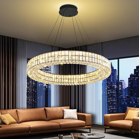 Modern 32 inch Black Led Ring Chandelier Dimmable Crystal Chandelier for Living Room Dining Room Adjustable Ring Pendant Light