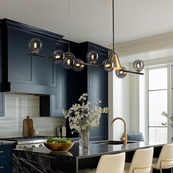 L55 in Mid Century Modern Chandelier, Black and Gold Globe Sputnik Glass Chandeliers Light Fixture,Rectangular Chandelier, 9 Light Dining Room Light Fixtures Over Table