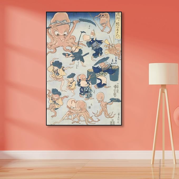 OKRA Utagawa Kuniyoshi Canvas Wall Art Octopus Games of Sumo Wrestling Poses Poster Japanese Ukiyo-E Woodcut Art Animal Nature Landscape Poster Japanese Classic Wall Decor Unframed 20×30in/50×75cm