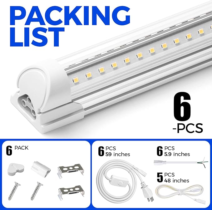 Barrina LED Shop Lights, 40W 5500LM 5000K, 4FT Integrated Fixture, V Shape,T8 Light Tube, Daylight White, Clear Cover, High Output, LED Shop Lights for Garage Warehouse Workshop Basement (Pack of 6)