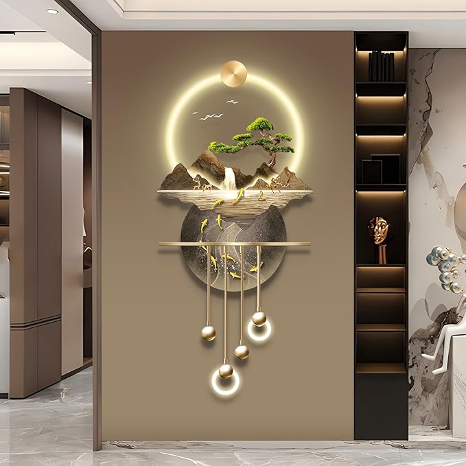 LED Light Decor Wall Art, 3D Art Wall Decor with Light, Decors Walls Sculptures Large 3D Art, Decors Walls Sculptures Lighting Modern, Plug-in Power Supply, Gold B, 23x53in