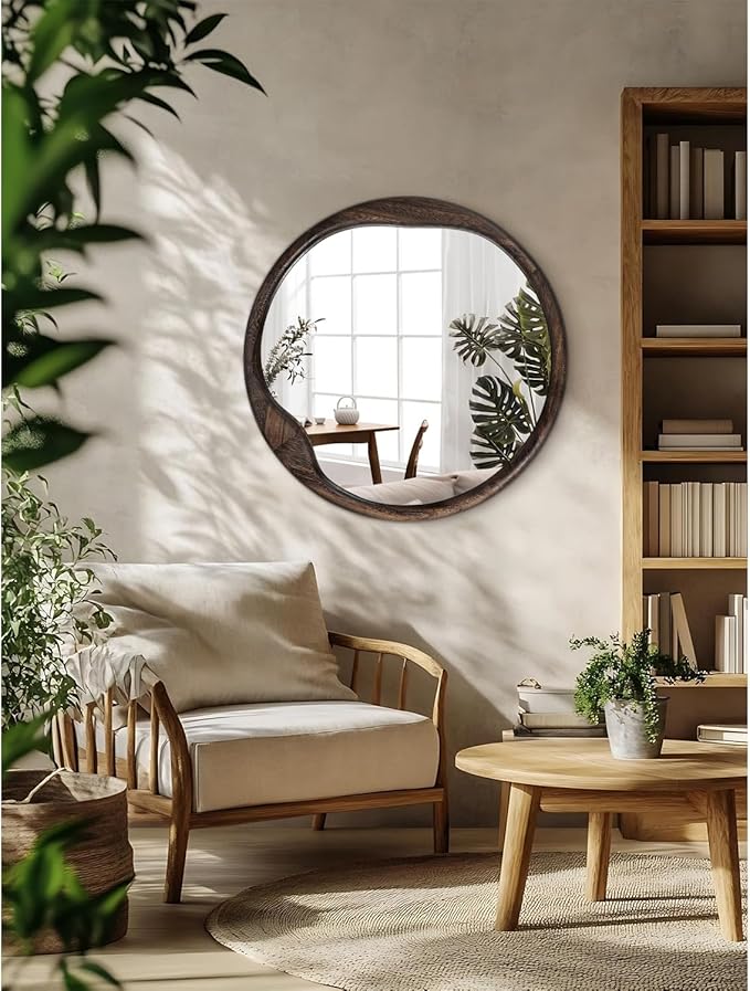 AOAOPQ Rustic Brown Round Mirror 28 inch Circle Mirror Frame Round Wall Mounted Mirrors for Living Room Bathroom Wall Entryway Hallway Bedroom Decor Large Wood Frame Mirror
