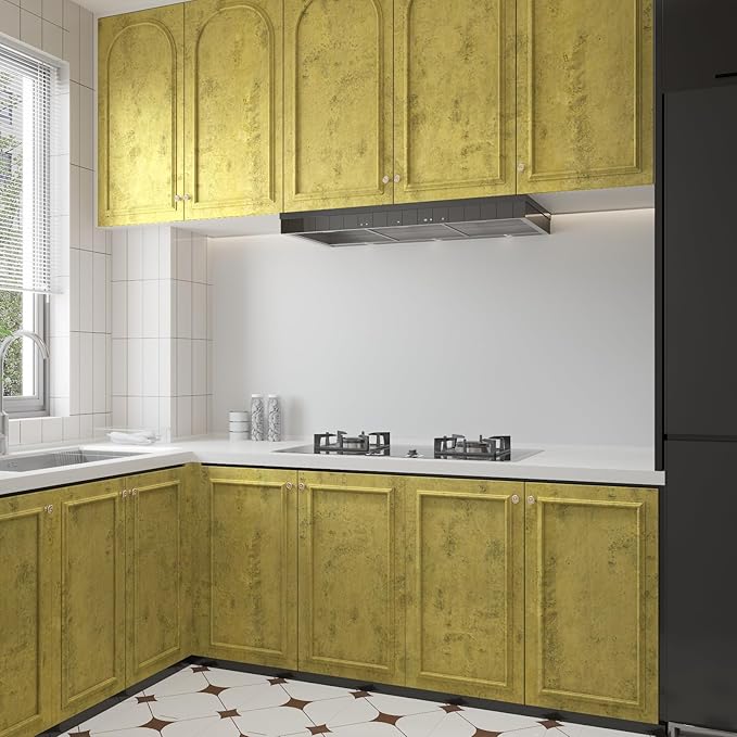 32"x591" Gold Foil Contact Paper Vintage Faux Golden Concrete Peel and Stick Wallpaper Matte Antique 3D Textured Vinyl Waterproof Thick Contact Paper for Kitchen Cabinets Office Decor