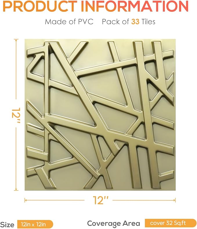 33 Pack 3D Wall Panels for Interior Wall Decor, 12''x12'' Champaign Gold Accent Textured Wall Panels, Wall Covering Panles for Living Room, Gaming Room, TV Background, Cover 32 Sq.Ft