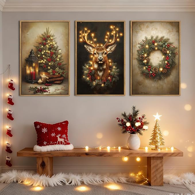 Anyzal Large Christmas Wall Art Winter Christmas Tree Prints Santa Elk Wall Decor for Living Room Bedroom Dining Room 24x36 Inch